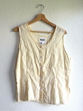 Flax Linen Women’s Shirt Pale Yellow Button Up Sleeveless Size Large